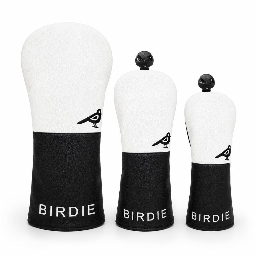 Lucky Birdie Golf Headcover Set, 3-Piece Driver Fairway Wood & Hybrid Club Covers, Black and White PU Leather Golf Accessories