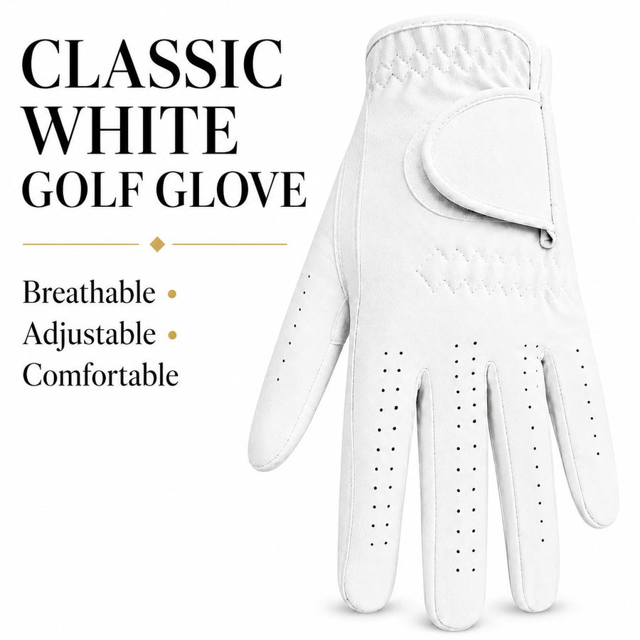 Lucky Birdie White Left-Hand Golf Glove for Men and Women, Synthetic Suede-Style PU, Breathable Perforated Fingers, Adjustable Wrist