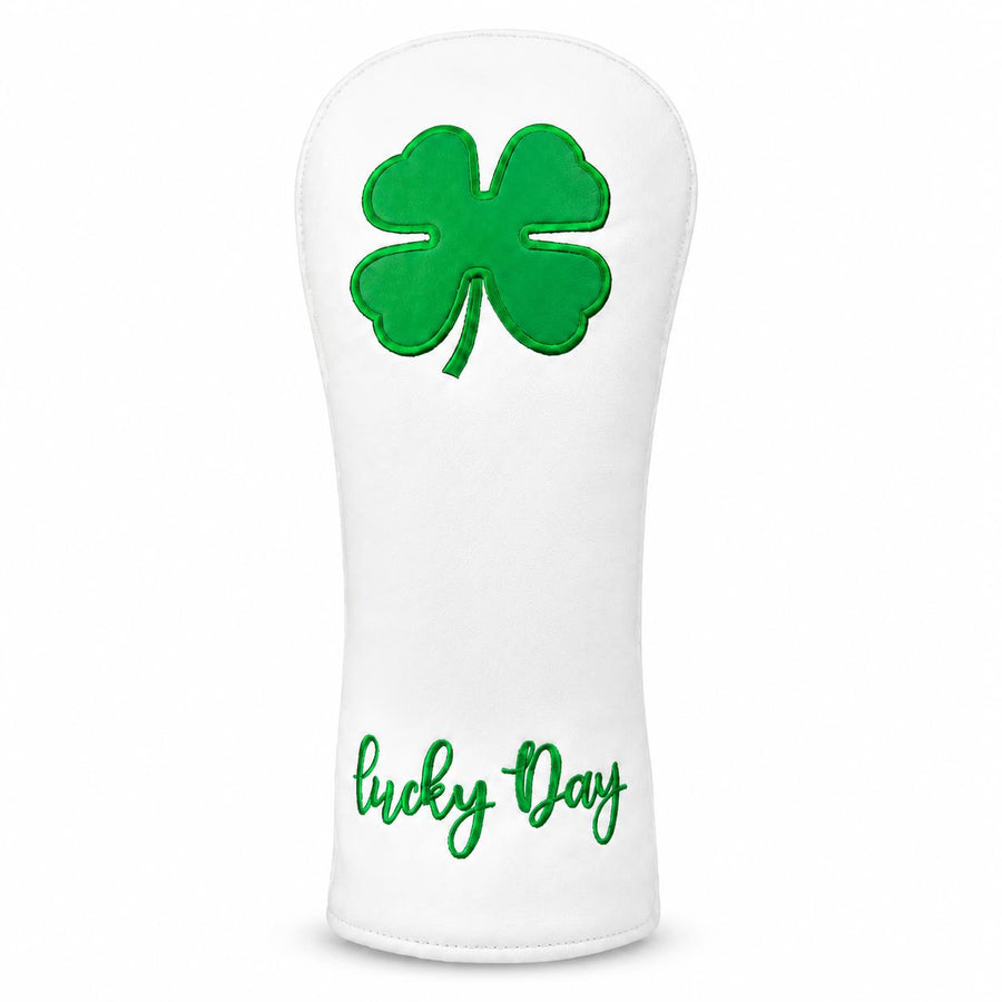 Lucky Day 4-Leaf Clover Golf Club Headcover, White & Green Embroidered PU Leather Protector for Driver, Fairway Wood or Hybrid, Single Size, Golf Course Style