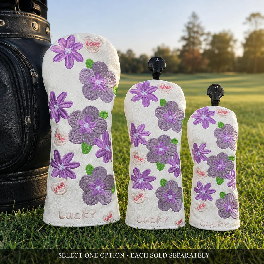 Lucky Birdie White Purple Floral Golf Headcover for Driver, Fairway Wood or Hybrid / UT, Embroidered Lucky Love Design, Single Selected Option