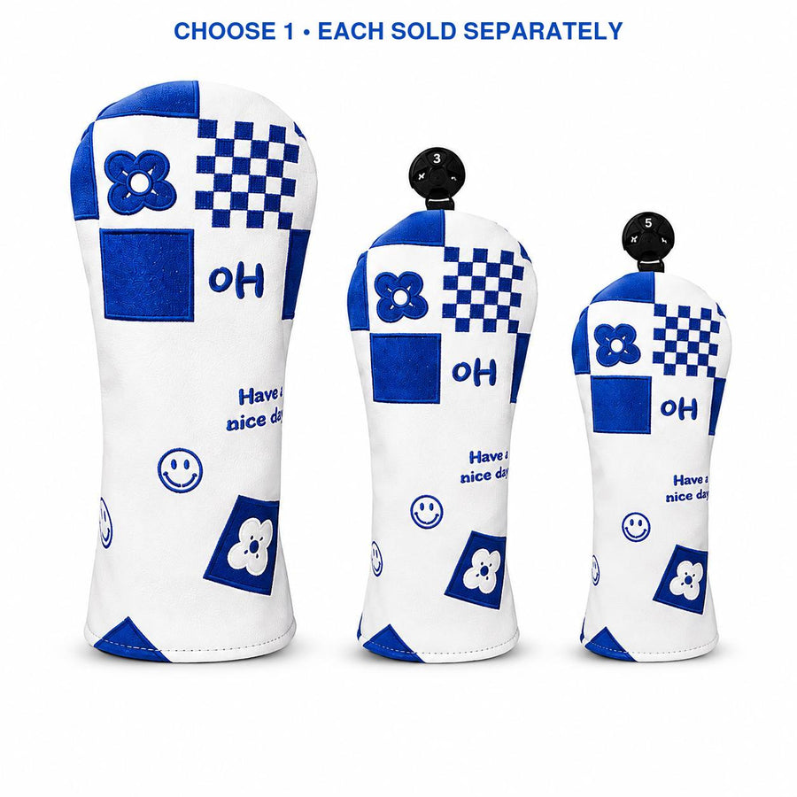 Lucky Birdie Blue White Embroidered Golf Headcover for Driver Fairway Wood or Hybrid, PU Leather with Plush Lining and Adjustable Number Tag, Each Sold Separately