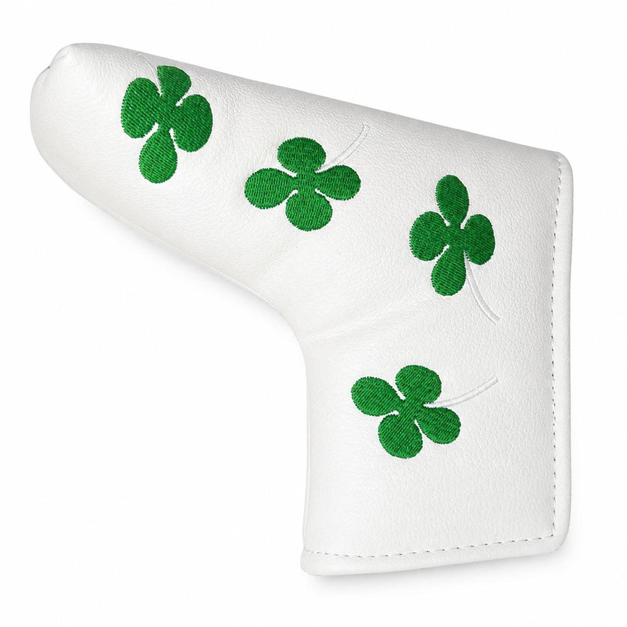 Lucky Golf Putter Headcover, White Clover Blade Design, Green 4-Leaf Clover Embroidered PU Leather Accessory for Golf Clubs