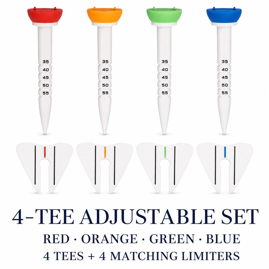 Lucky Birdie 4 Pack Adjustable Height Golf Tees with Stop Plates, 35-55mm Plastic Golf Tees with Alignment Guide, Red Orange Green Blue