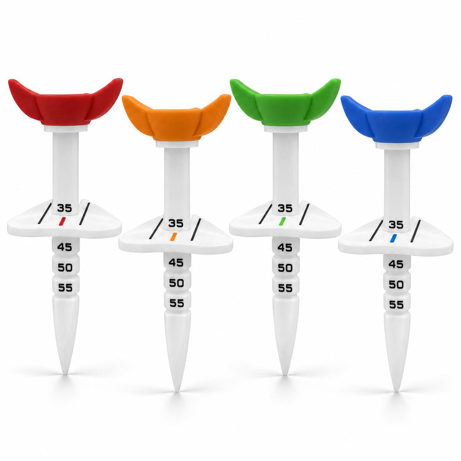 Lucky Birdie 4 Pack Adjustable Height Golf Tees with Alignment Guide, 35-55mm Reusable Plastic Limit Tees with Wide Ball Cup, Consistent Tee Height Set for Driving Range Practice