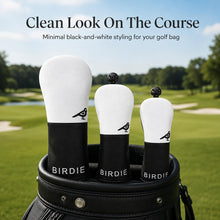 Lucky Birdie Golf Headcover Set, 3-Piece Driver Fairway Wood & Hybrid Club Covers, Black and White PU Leather Golf Accessories
