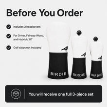 Lucky Birdie Golf Headcover Set, 3-Piece Driver Fairway Wood & Hybrid Club Covers, Black and White PU Leather Golf Accessories