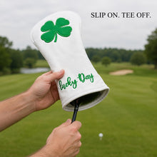 Lucky Day 4-Leaf Clover Golf Club Headcover, White & Green Embroidered PU Leather Protector for Driver, Fairway Wood or Hybrid, Single Size, Golf Course Style
