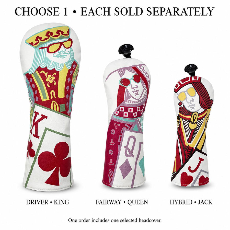 Lucky Birdie Playing Card Golf Headcover for Driver Fairway Wood or Hybrid, King Queen Jack Printed White PU Leather, Each Sold Separately