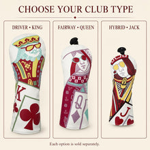 Lucky Birdie Playing Card Golf Headcover for Driver Fairway Wood or Hybrid, King Queen Jack Printed White PU Leather, Each Sold Separately