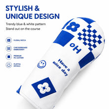 Lucky Birdie Blue White Embroidered Golf Headcover for Driver Fairway Wood or Hybrid, PU Leather with Plush Lining and Adjustable Number Tag, Each Sold Separately