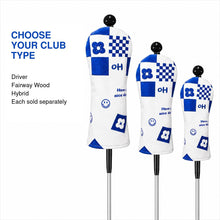 Lucky Birdie Blue White Embroidered Golf Headcover for Driver Fairway Wood or Hybrid, PU Leather with Plush Lining and Adjustable Number Tag, Each Sold Separately