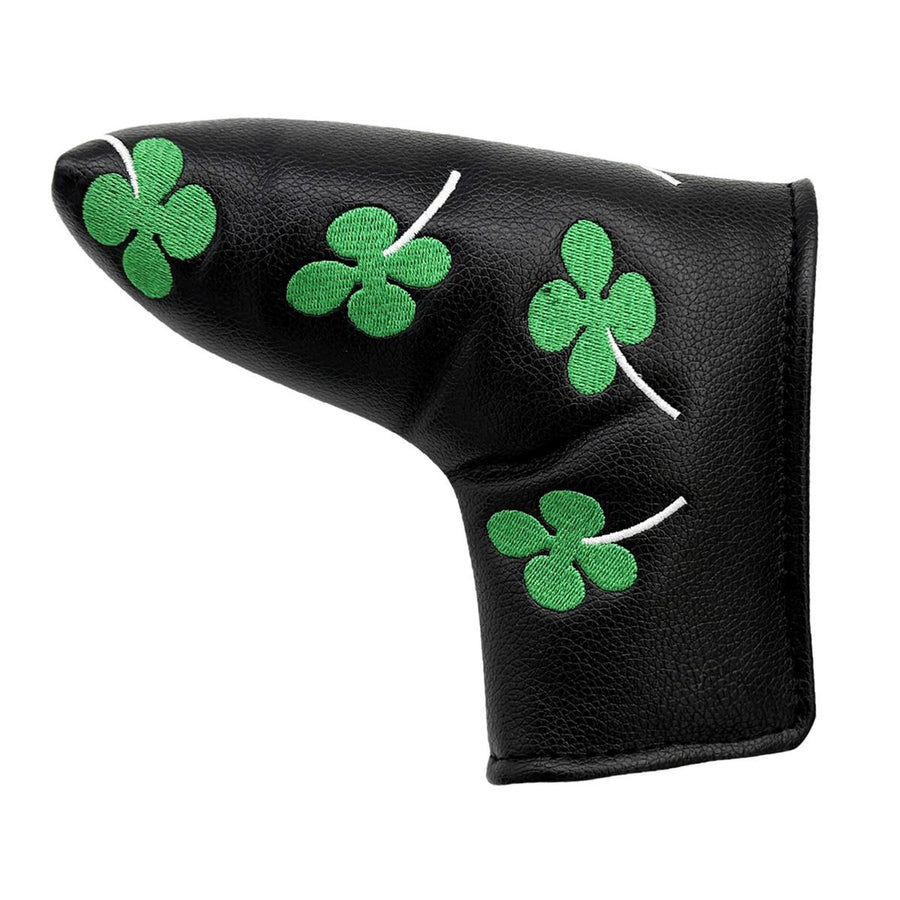 Lucky Birdie Clover Blade Golf Putter Cover, PU Leather Headcover with Green 4-Leaf Clover Embroidery