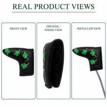 Lucky Birdie Clover Blade Golf Putter Cover, PU Leather Headcover with Green 4-Leaf Clover Embroidery