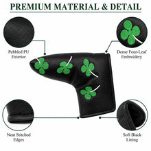 Lucky Birdie Clover Blade Golf Putter Cover, PU Leather Headcover with Green 4-Leaf Clover Embroidery