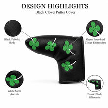 Lucky Birdie Clover Blade Golf Putter Cover, PU Leather Headcover with Green 4-Leaf Clover Embroidery