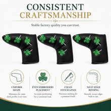 Lucky Birdie Clover Blade Golf Putter Cover, PU Leather Headcover with Green 4-Leaf Clover Embroidery
