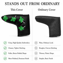 Lucky Birdie Clover Blade Golf Putter Cover, PU Leather Headcover with Green 4-Leaf Clover Embroidery