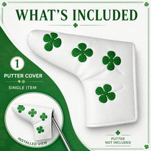 Lucky Golf Putter Headcover, White Clover Blade Design, Green 4-Leaf Clover Embroidered PU Leather Accessory for Golf Clubs