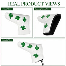 Lucky Golf Putter Headcover, White Clover Blade Design, Green 4-Leaf Clover Embroidered PU Leather Accessory for Golf Clubs