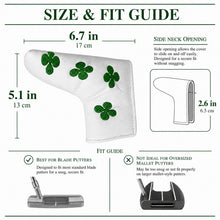 Lucky Golf Putter Headcover, White Clover Blade Design, Green 4-Leaf Clover Embroidered PU Leather Accessory for Golf Clubs