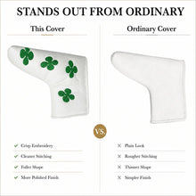 Lucky Golf Putter Headcover, White Clover Blade Design, Green 4-Leaf Clover Embroidered PU Leather Accessory for Golf Clubs