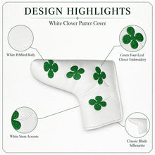 Lucky Golf Putter Headcover, White Clover Blade Design, Green 4-Leaf Clover Embroidered PU Leather Accessory for Golf Clubs
