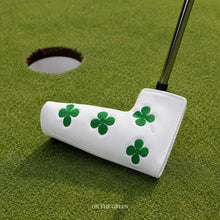 Lucky Golf Putter Headcover, White Clover Blade Design, Green 4-Leaf Clover Embroidered PU Leather Accessory for Golf Clubs