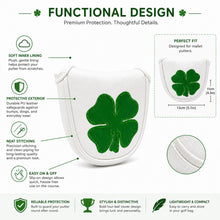 Lucky Birdie Golf Putter Headcover, PU Leather Large Green Clover Mallet Putter Cover, 1-Piece White 4-Leaf Clover Design