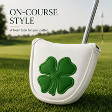 Lucky Birdie Golf Putter Headcover, PU Leather Large Green Clover Mallet Putter Cover, 1-Piece White 4-Leaf Clover Design