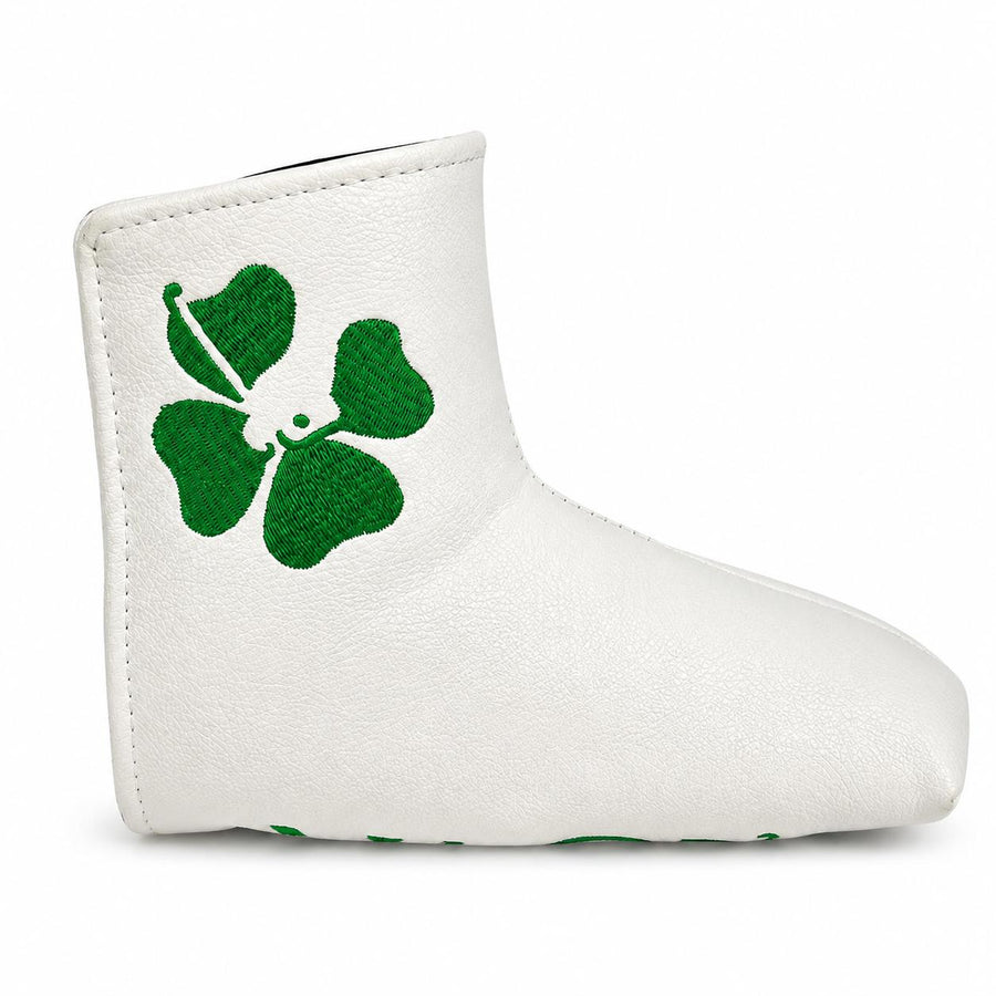 Lucky Birdie Clover Blade Golf Putter Cover, White & Green 4-Leaf Clover Design, PU Leather Golf Club Headcover