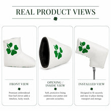 Lucky Birdie Clover Blade Golf Putter Cover, White & Green 4-Leaf Clover Design, PU Leather Golf Club Headcover