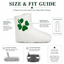Lucky Birdie Clover Blade Golf Putter Cover, White & Green 4-Leaf Clover Design, PU Leather Golf Club Headcover