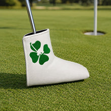 Lucky Birdie Clover Blade Golf Putter Cover, White & Green 4-Leaf Clover Design, PU Leather Golf Club Headcover