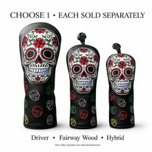 Lucky Biride Sugar Skull Golf Headcover for Driver Fairway Wood or Hybrid, Embroidered Black PU Leather with Plush Lining, Each Sold Separately