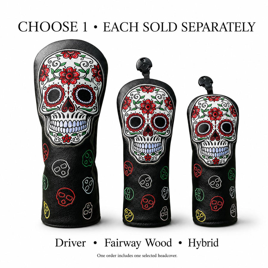 Lucky Biride Sugar Skull Golf Headcover for Driver Fairway Wood or Hybrid, Embroidered Black PU Leather with Plush Lining, Each Sold Separately