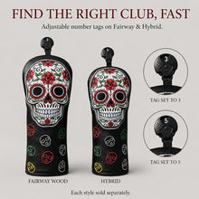Lucky Biride Sugar Skull Golf Headcover for Driver Fairway Wood or Hybrid, Embroidered Black PU Leather with Plush Lining, Each Sold Separately