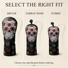 Lucky Biride Sugar Skull Golf Headcover for Driver Fairway Wood or Hybrid, Embroidered Black PU Leather with Plush Lining, Each Sold Separately
