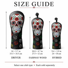 Lucky Biride Sugar Skull Golf Headcover for Driver Fairway Wood or Hybrid, Embroidered Black PU Leather with Plush Lining, Each Sold Separately