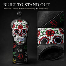 Lucky Biride Sugar Skull Golf Headcover for Driver Fairway Wood or Hybrid, Embroidered Black PU Leather with Plush Lining, Each Sold Separately