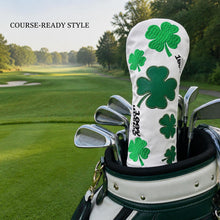 100% Lucky 4-Leaf Clover Golf Headcover - White Green Embroidered PU Leather Cover for Driver, Fairway Wood or Hybrid UT, Single Golf Accessory Equipment Supplement