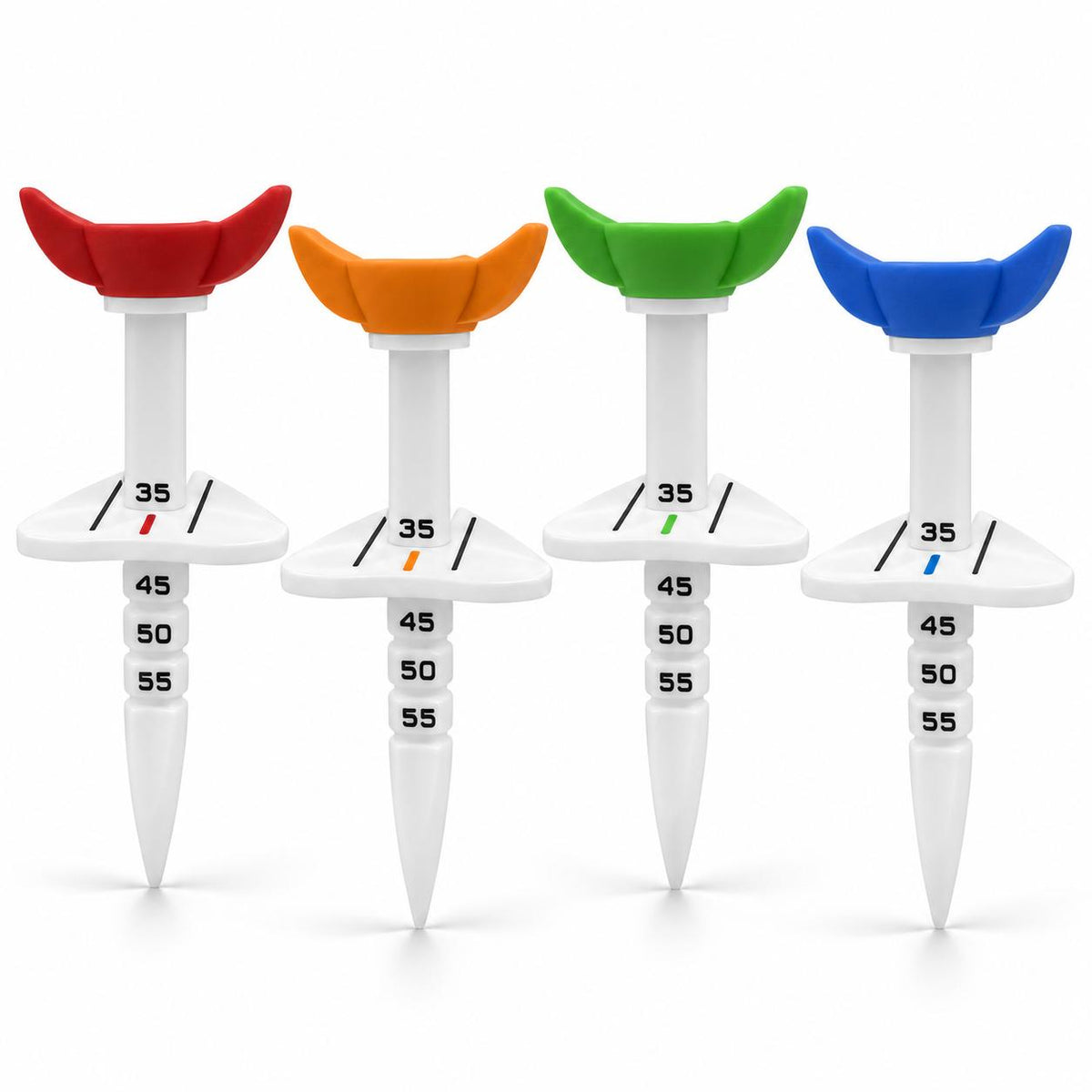 Lucky Birdie 4 Pack Adjustable Height Golf Tees with Alignment Guide, 35-55mm Reusable Plastic Limit Tees with Wide Ball Cup, Consistent Tee Height Set for Driving Range Practice